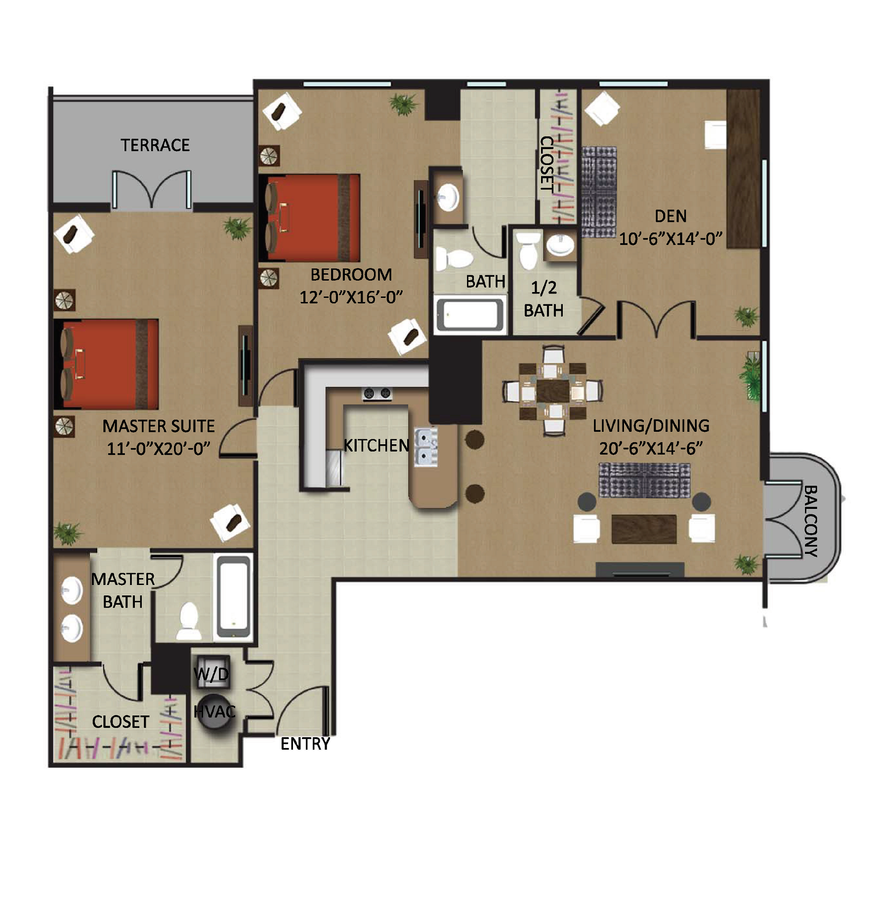 Floor plan for 2 beds, 2.5 baths, 1455 sqft